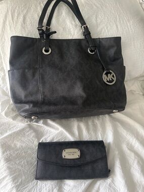 Michael Kors Black Leather Tote with Matching Black Wallet